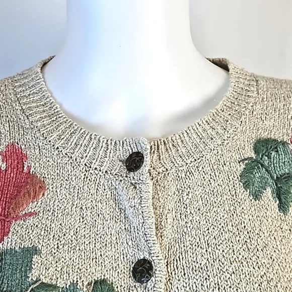 VTG Monterey by Koret Linen Cotton Knit Cream Cardigan w Embroidered Leaf Motif - Picture 4 of 16